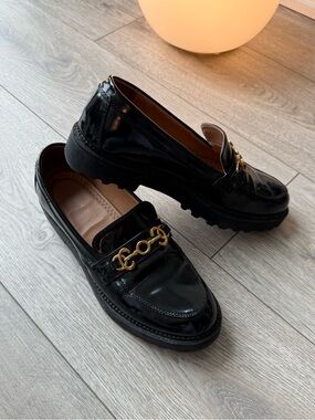 Circus by Sam Edelman Black Patent Loafers with Gold Hardware
